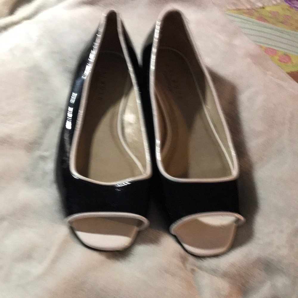 TALBOTS patent leather shoes with a peep toes; trimmed in white